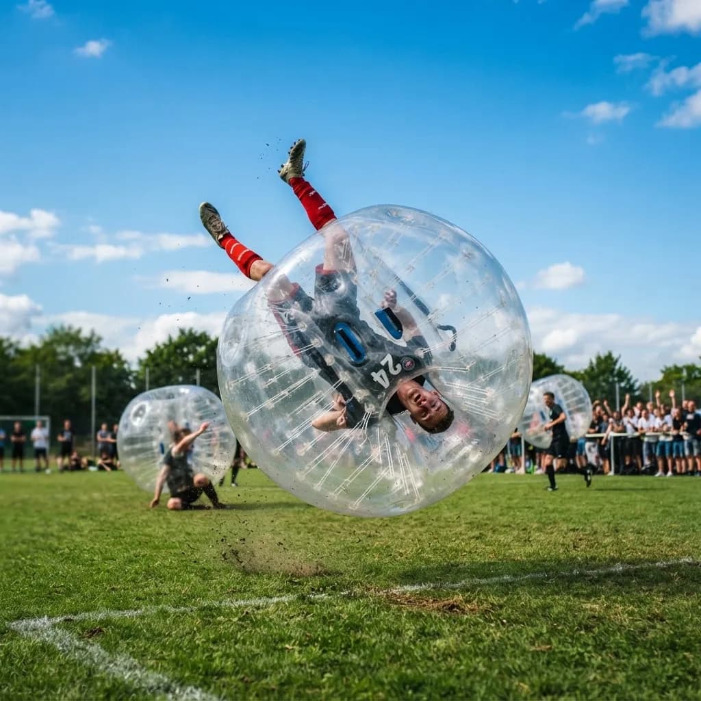 A player in a bubble suit flipping upside down on a sports field while others play and a crowd watches