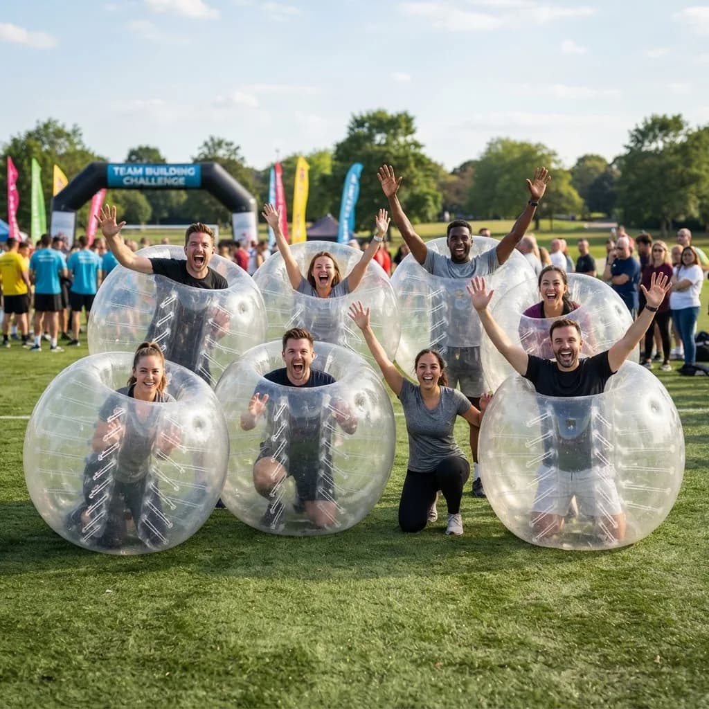 A group of adults grinning and cheering in bubble suits, with flags and an inflatable arch behind them